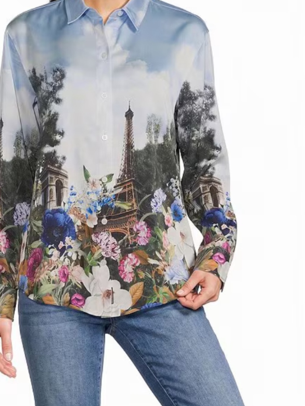 New Karl Lagerfeld Light Blue Floral & Scenic Print Button-Down Blouse size XL